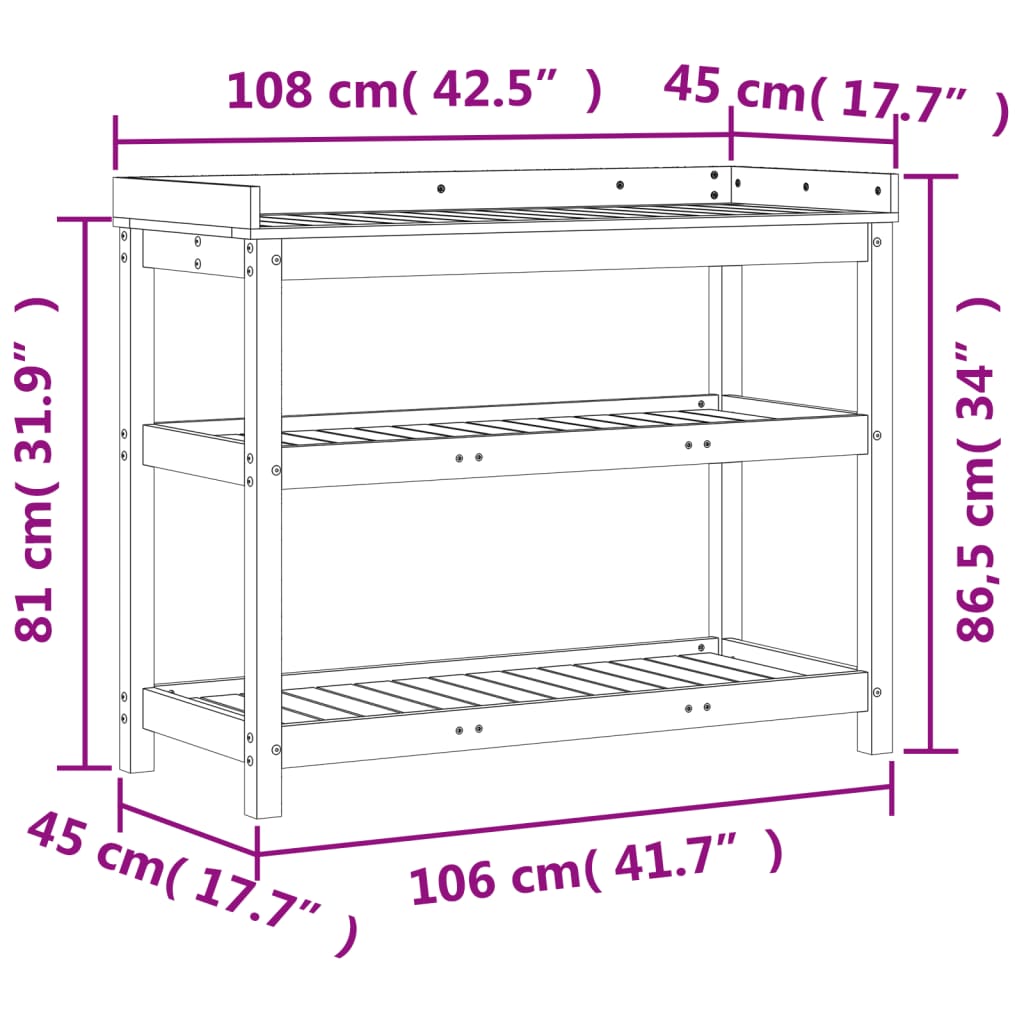 vidaXL Mesa plantación con estantes madera pino marrón 108x45x86,5 cm