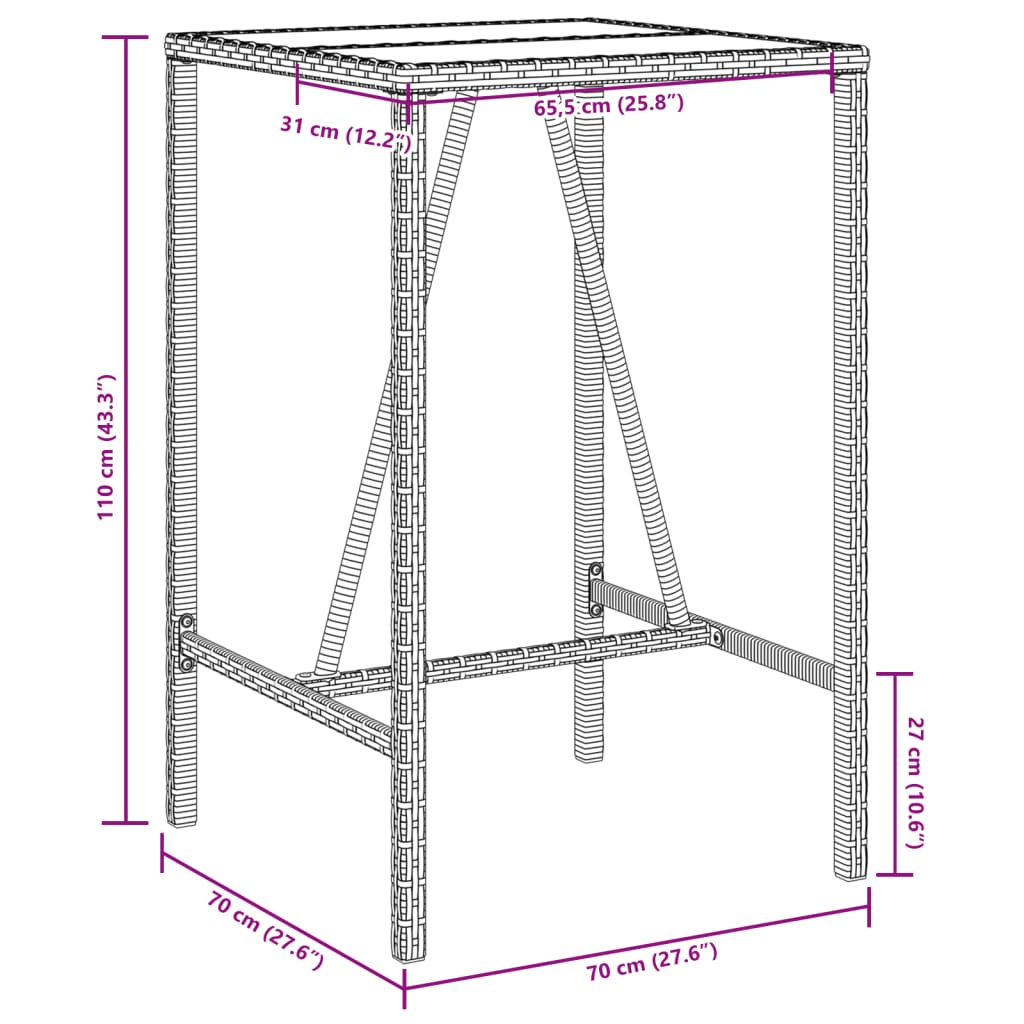 vidaXL Mesa de bar de exterior ratán sintético gris 70x70x110 cm