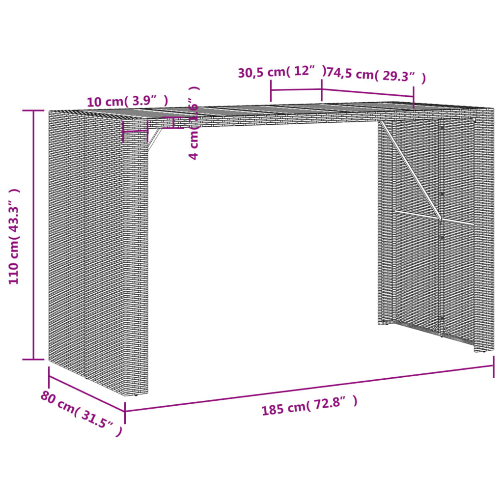 vidaXL Mesa alta jardín superficie madera ratán PE gris 185x80x110 cm