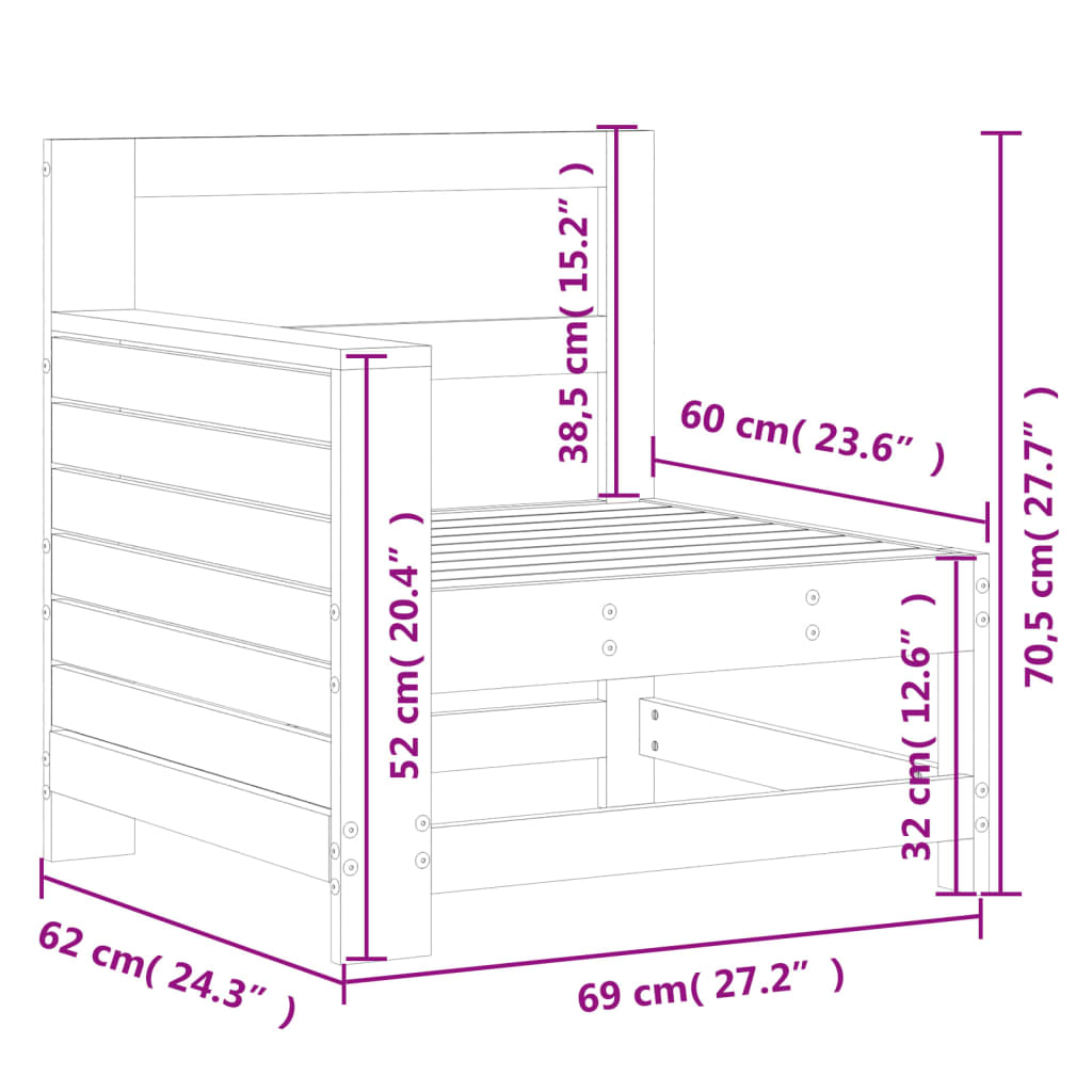 vidaXL Sofá de jardín con reposabrazos madera maciza pino 69x62x70,5cm