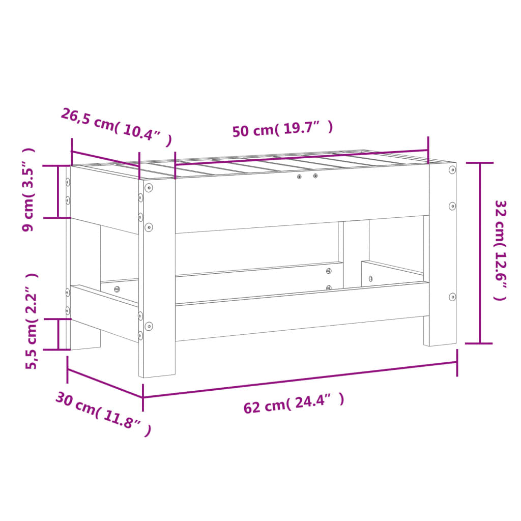 vidaXL Taburete de jardín madera maciza de pino blanco 62x30x32 cm