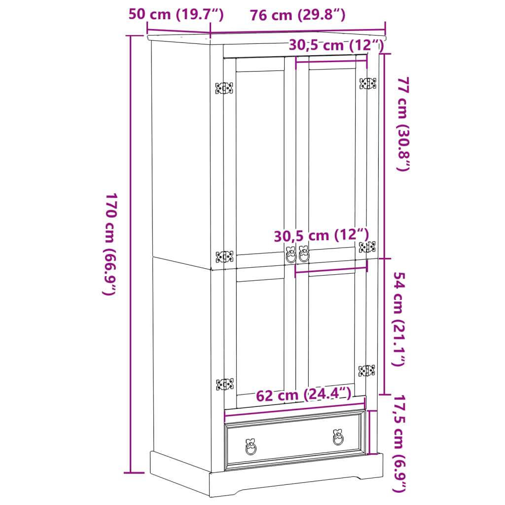 vidaXL Armario Corona madera maciza de pino 76x50x170 cm