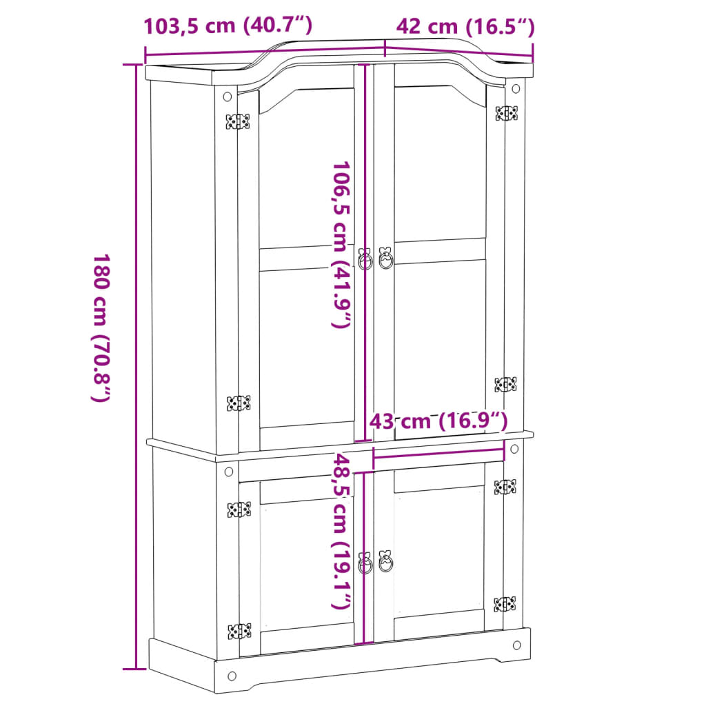 vidaXL Armario con vitrina Corona madera maciza pino 103,5x42x180 cm