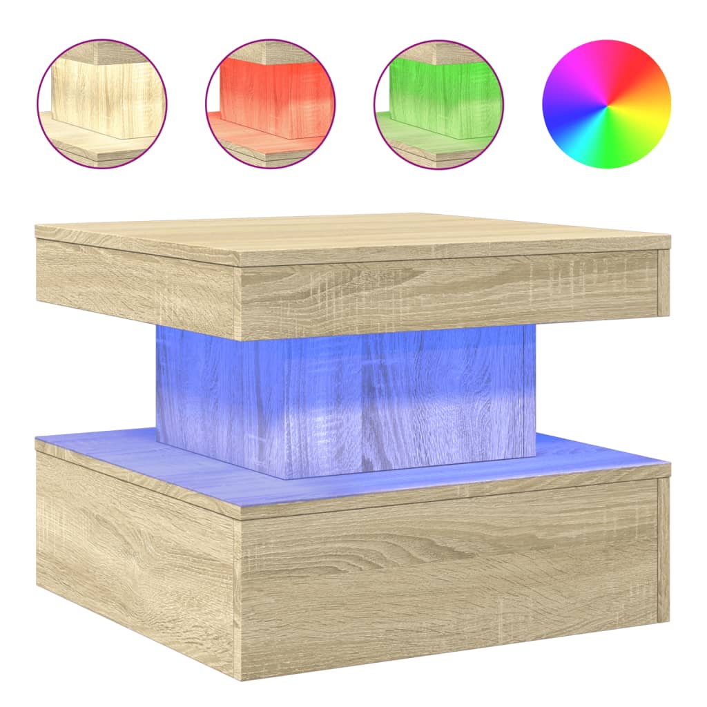 vidaXL Mesa de centro con luces LED roble Sonoma 50x50x40 cm