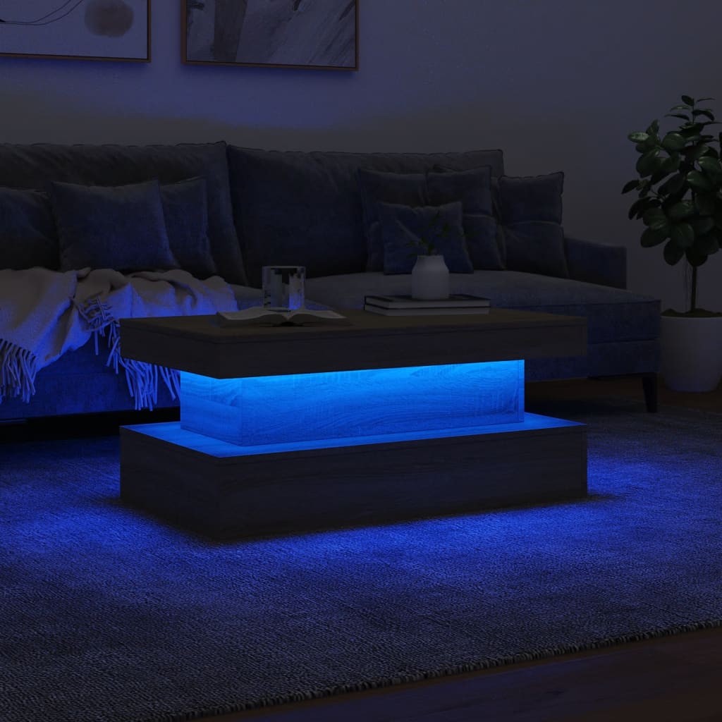 vidaXL Mesa de centro con luces LED roble Sonoma 90x50x40 cm