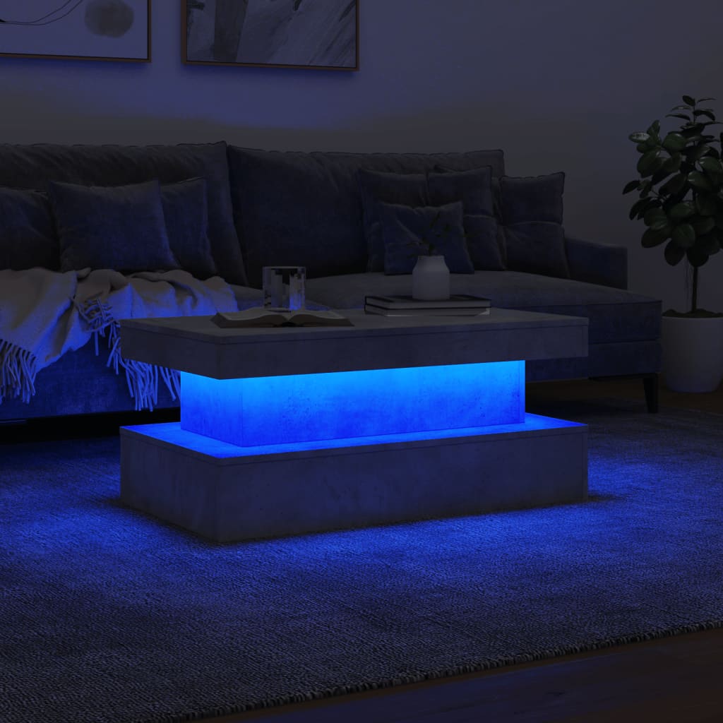 vidaXL Mesa de centro con luces LED gris hormigón 90x50x40 cm