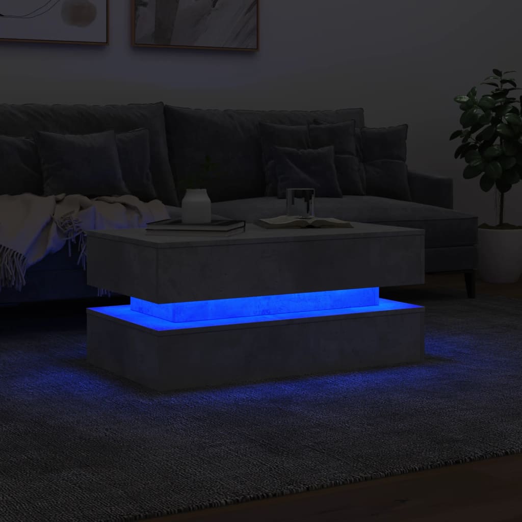 vidaXL Mesa de centro con luces LED gris hormigón 90x50x40 cm