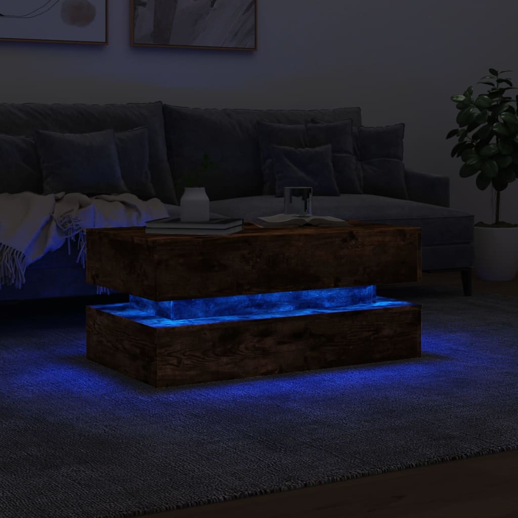 vidaXL Mesa de centro con luces LED roble ahumado 90x50x40 cm