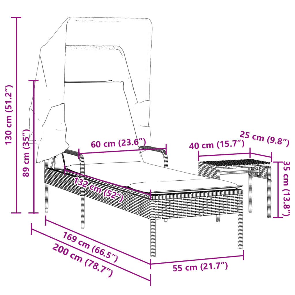 vidaXL Tumbona con capota y mesa ratán sintético beige