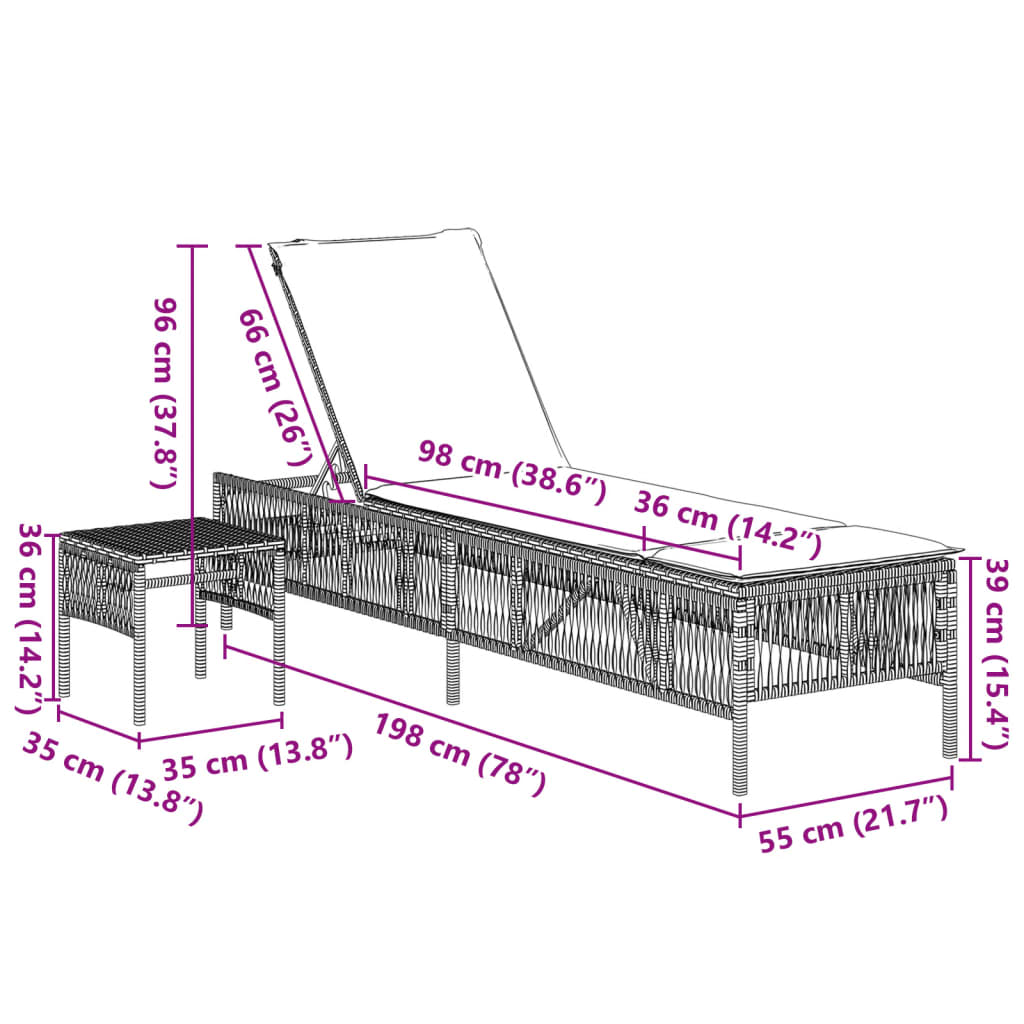 vidaXL Tumbonas con mesita 2 unidades ratán sintético beige