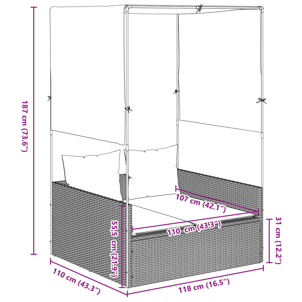 vidaXL Tumbona doble con techo y cortinas ratán sintético negro