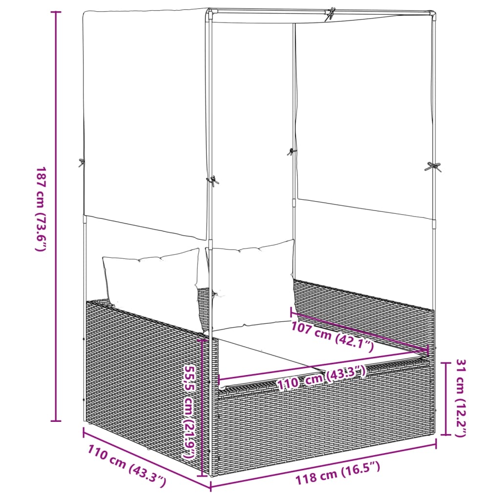 vidaXL Tumbona doble con techo y cortinas ratán sintético marrón