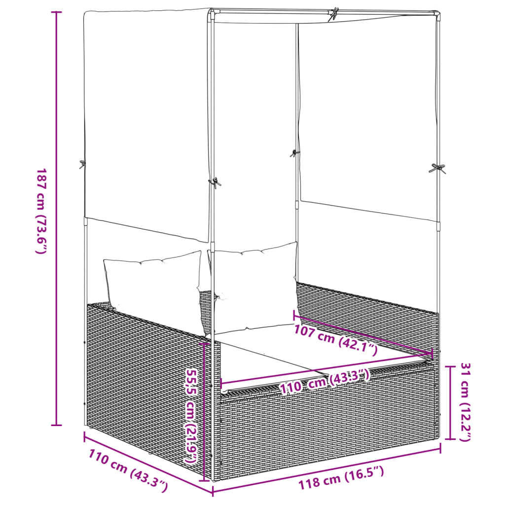 vidaXL Tumbona doble con techo y cortinas ratán sintético gris