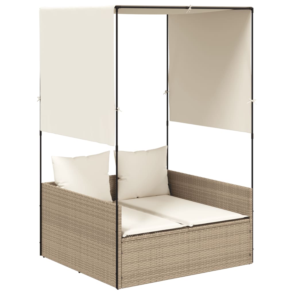 vidaXL Tumbona doble con techo y cortinas ratán sintético beige