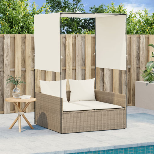 vidaXL Tumbona doble con techo y cortinas ratán sintético beige