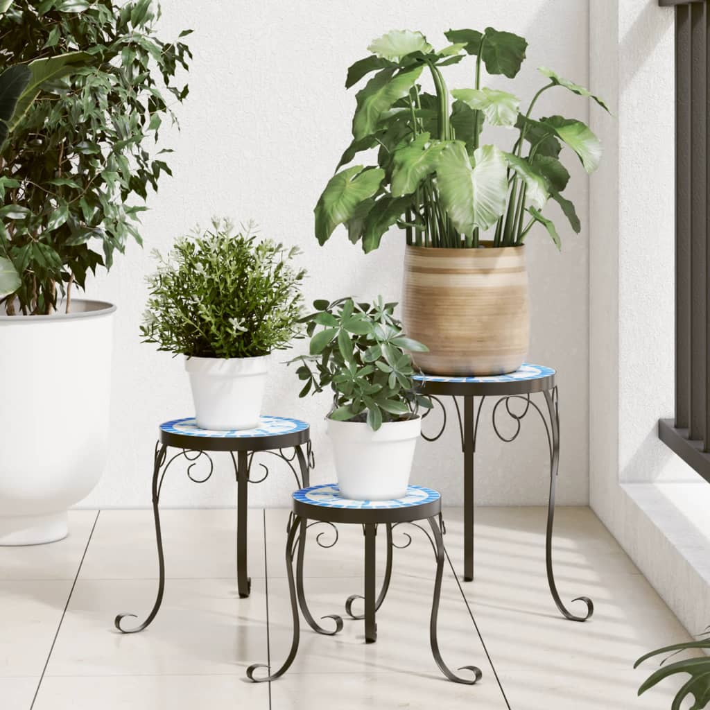 vidaXL Soportes para plantas 3 uds cerámica azul y blanco