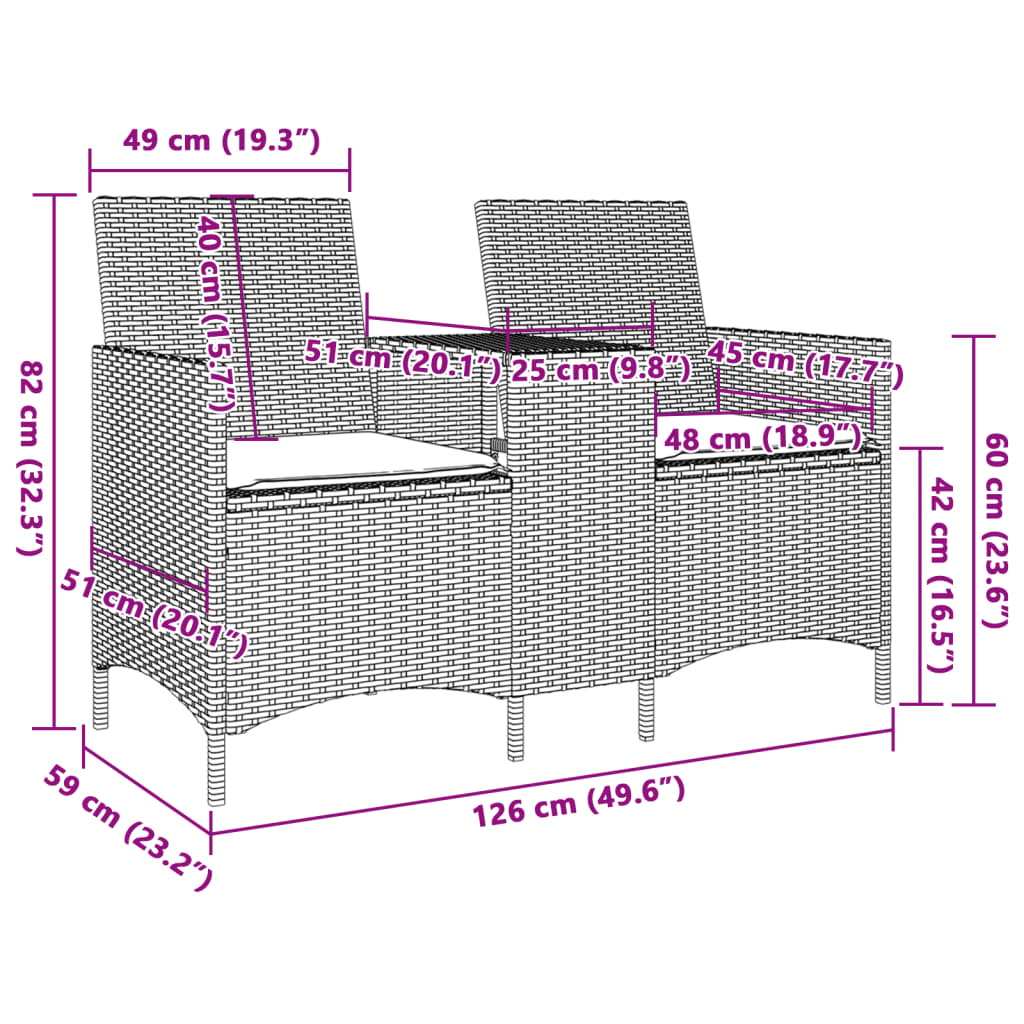 vidaXL Sofá de jardín 2 plazas con mesa y cojines ratán PE beige