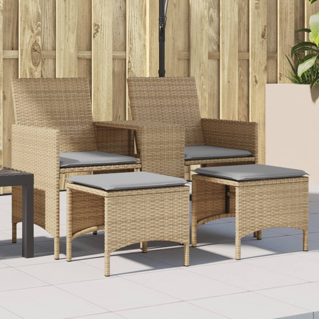 vidaXL Sofá de jardín 2 plazas con mesa y taburetes ratán PE beige