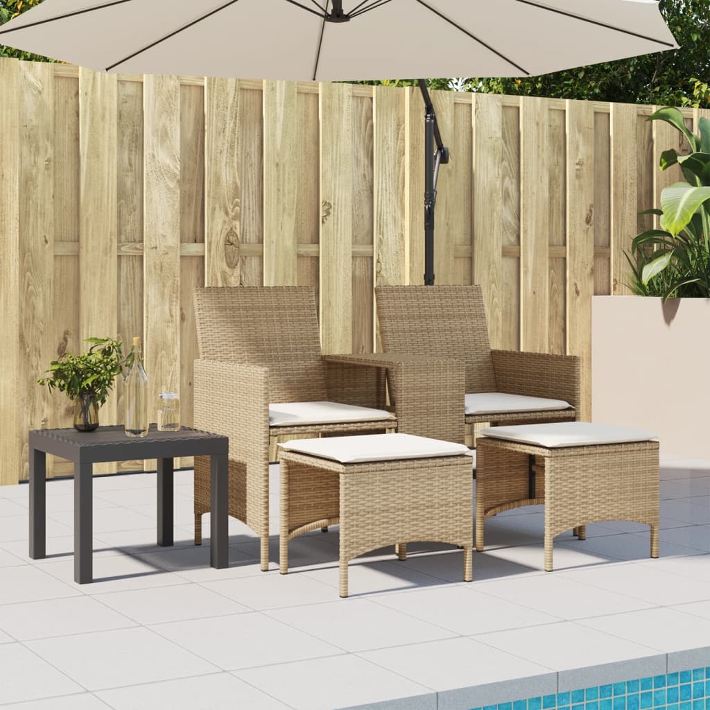 vidaXL Sofá de jardín 2 plazas con mesa y taburetes ratán PE beige