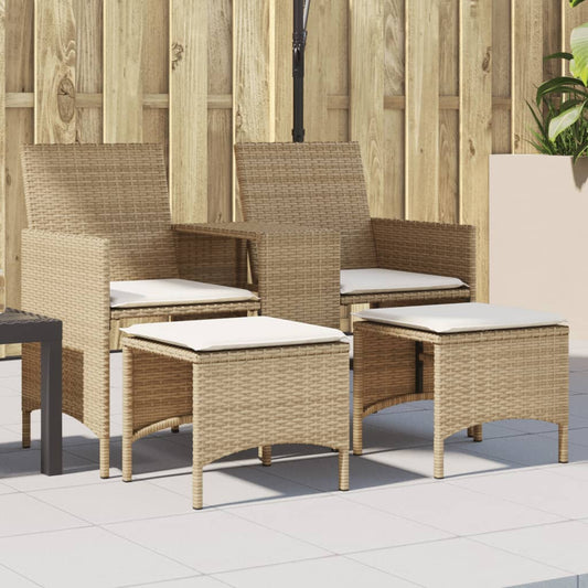 vidaXL Sofá de jardín 2 plazas con mesa y taburetes ratán PE beige