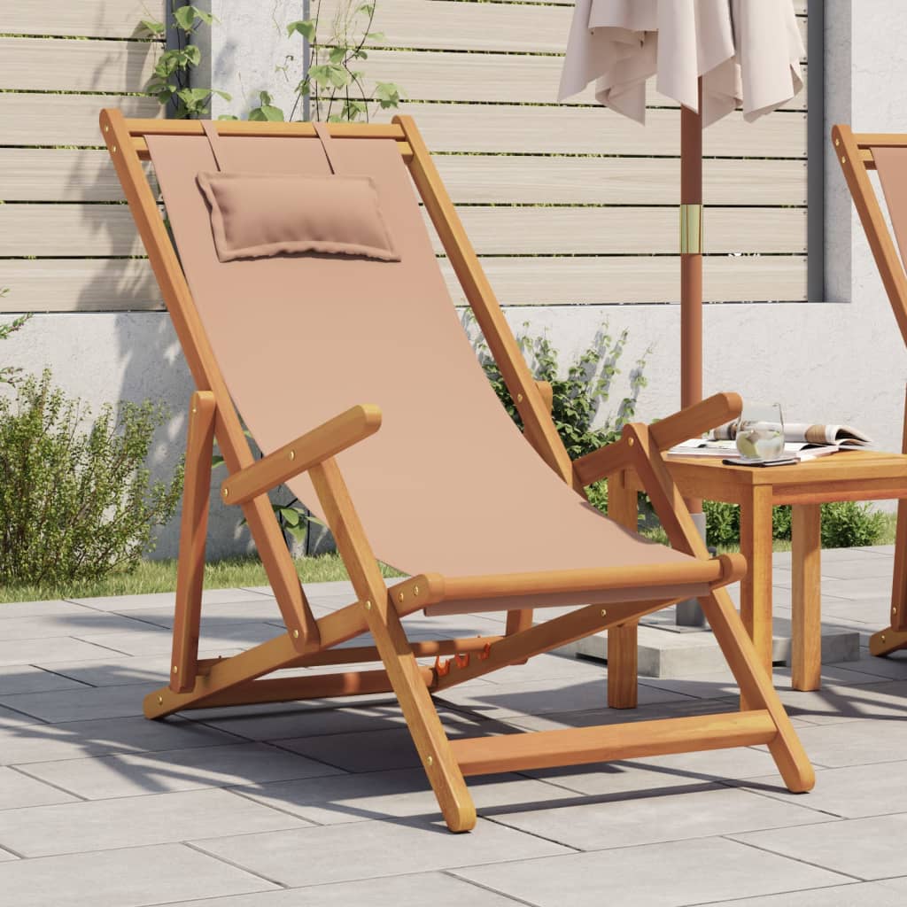 vidaXL Silla de playa plegable madera maciza de eucalipto y tela taupe