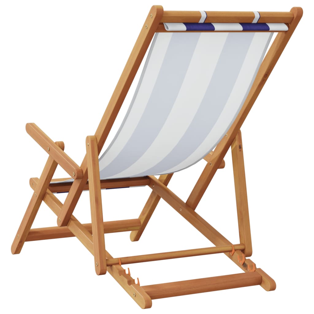 vidaXL Silla playa plegable madera maciza eucalipto y tela azul blanco