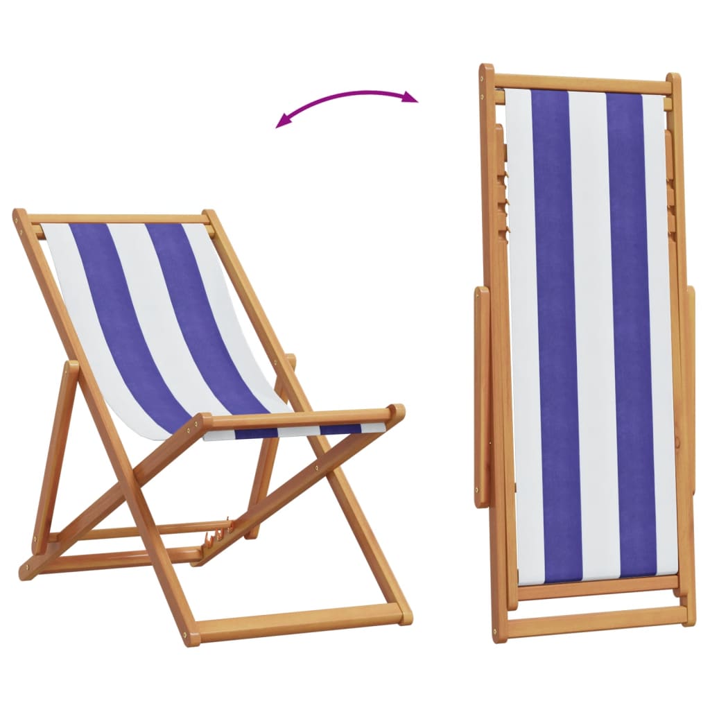 vidaXL Silla playa plegable madera maciza eucalipto y tela azul blanco