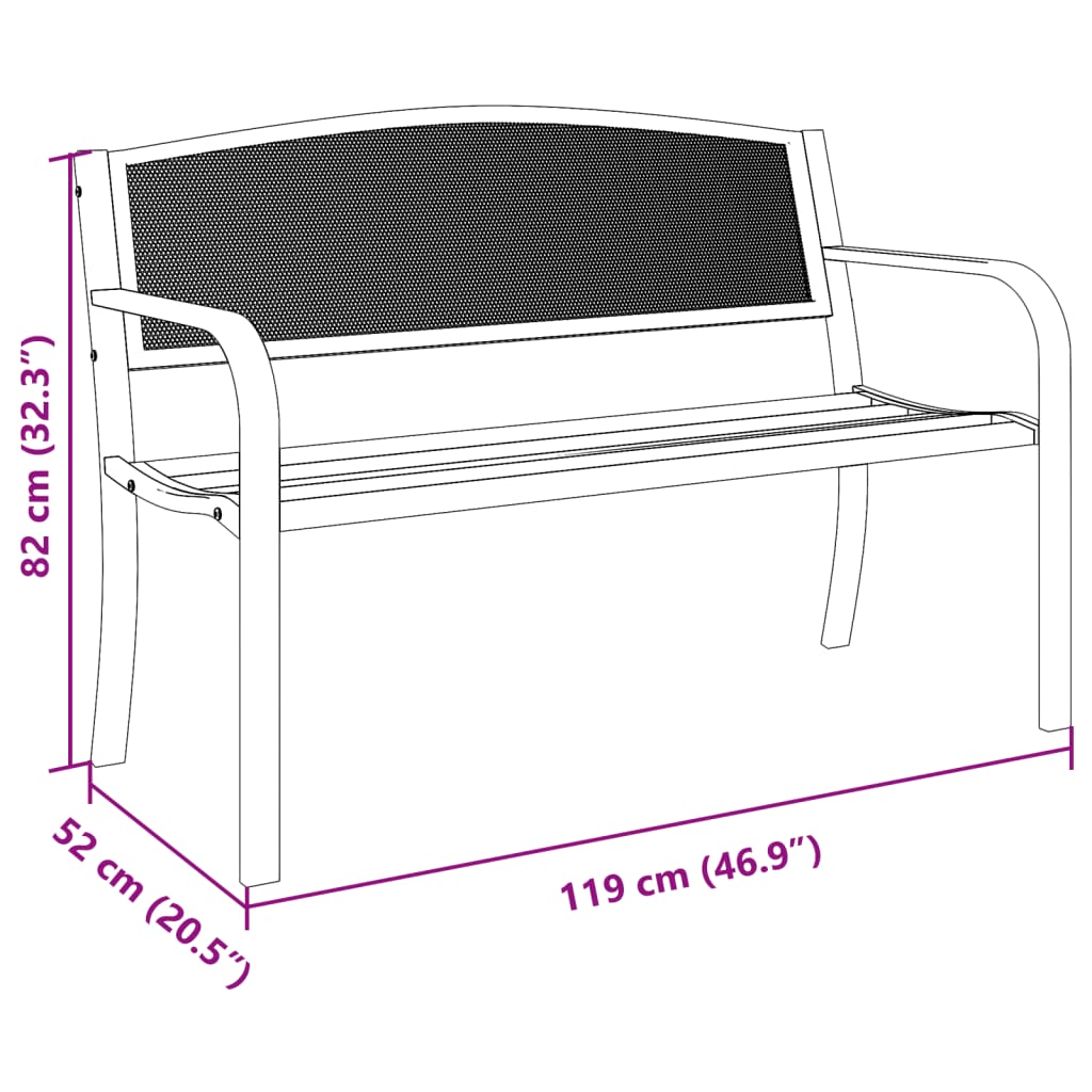 vidaXL Banco de jardín de acero negro 119 cm