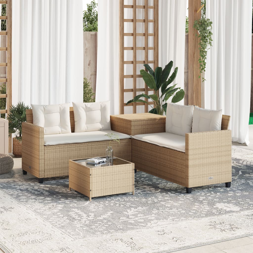 vidaXL Sofá de jardín en forma de L con mesa y cojines ratán PE beige