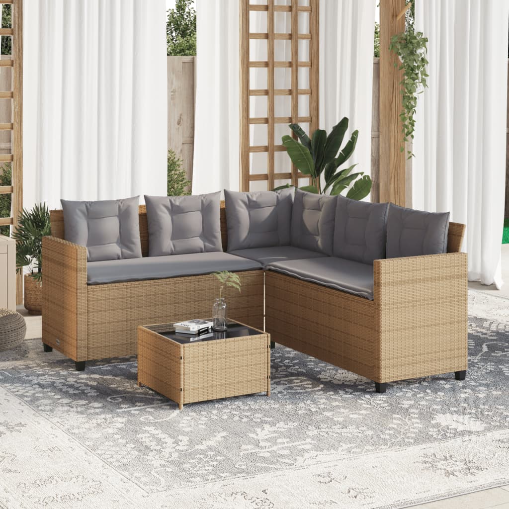 vidaXL Sofá de jardín en forma de L con mesa y cojines ratán PE beige