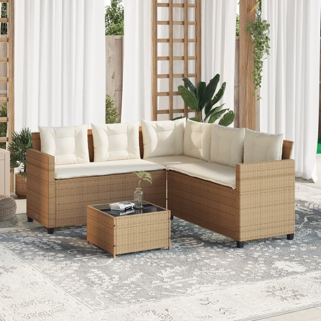 vidaXL Sofá de jardín en forma de L con mesa y cojines ratán PE beige