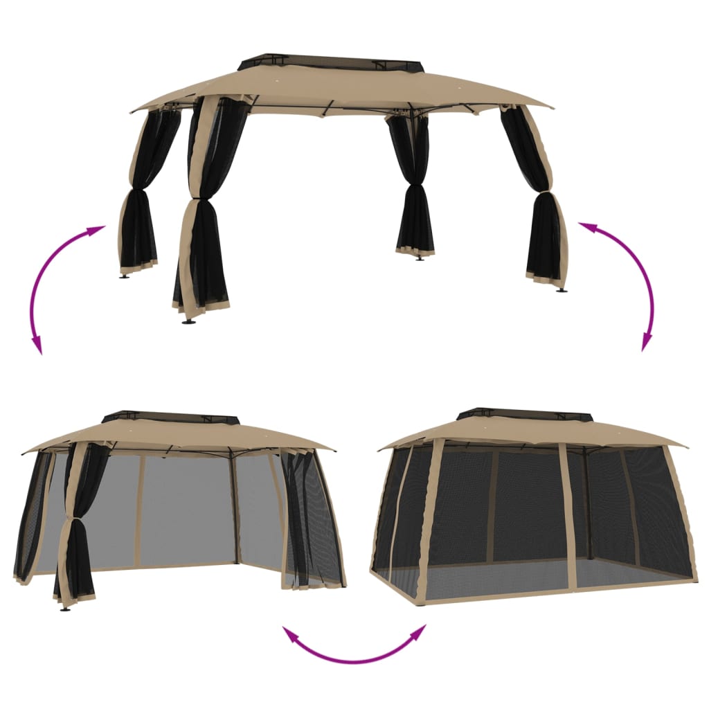 vidaXL Cenador de doble techo paredes de malla acero taupe 3,93x2,93 m