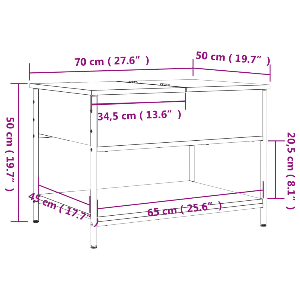 vidaXL Mesa de centro madera de ingeniería y metal negro 70x50x50 cm