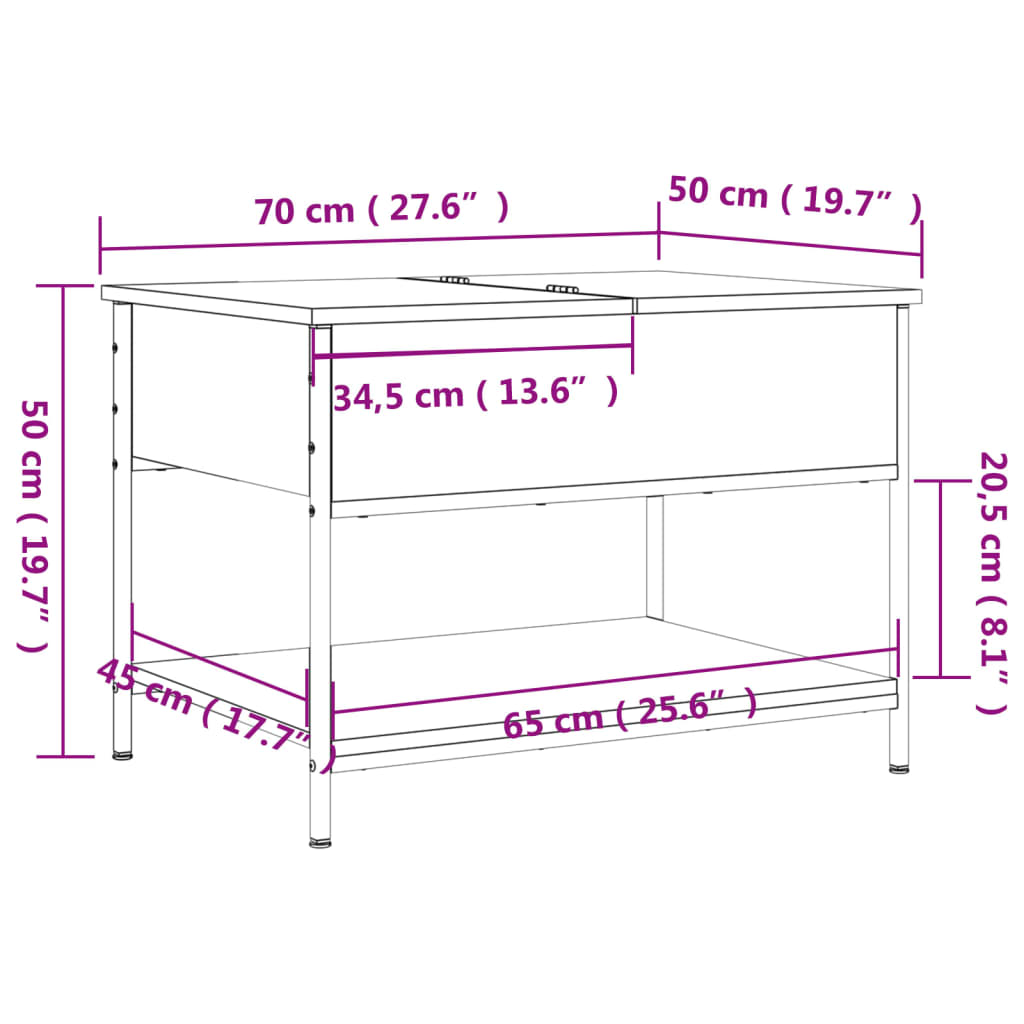 vidaXL Mesa de centro madera ingeniería metal roble Sonoma 70x50x50cm