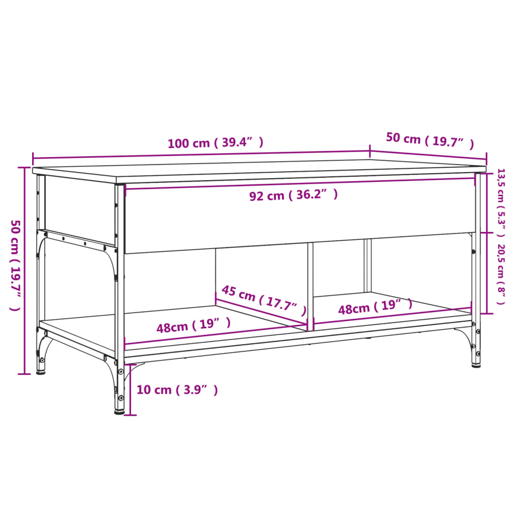 vidaXL Mesa de centro madera ingeniería metal roble Sonoma 100x50x50cm