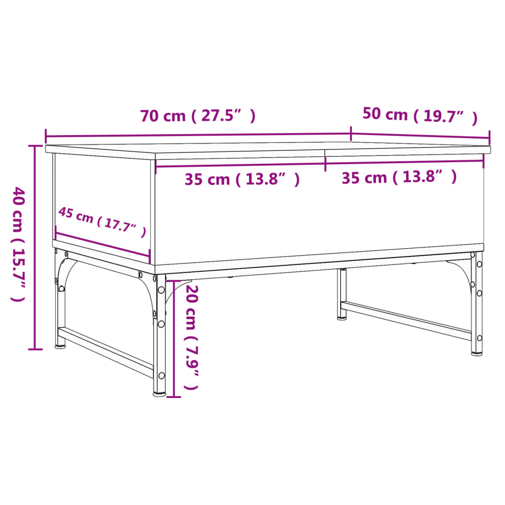 vidaXL Mesa de centro madera ingeniería metal marrón roble 70x50x40 cm