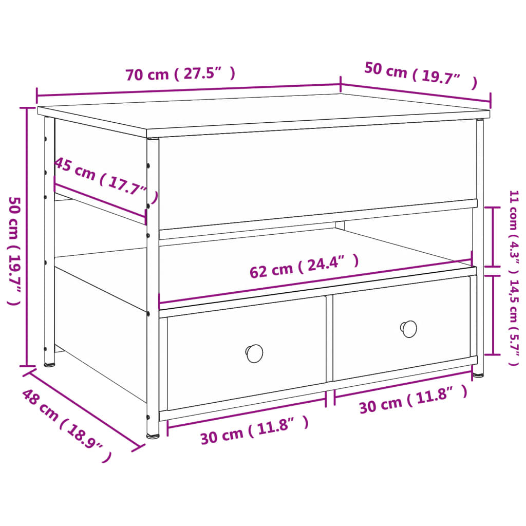 vidaXL Mesa de centro madera de ingeniería y metal negro 70x50x50 cm