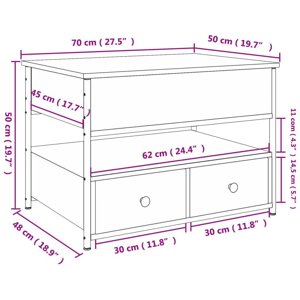 vidaXL Mesa de centro madera ingeniería metal marrón roble 70x50x50 cm