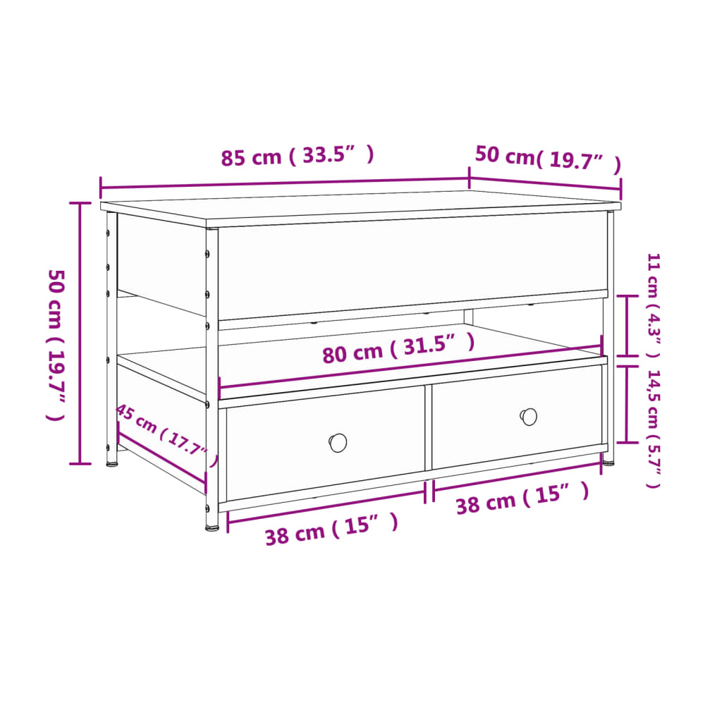 vidaXL Mesa de centro madera ingeniería metal marrón roble 85x50x50 cm