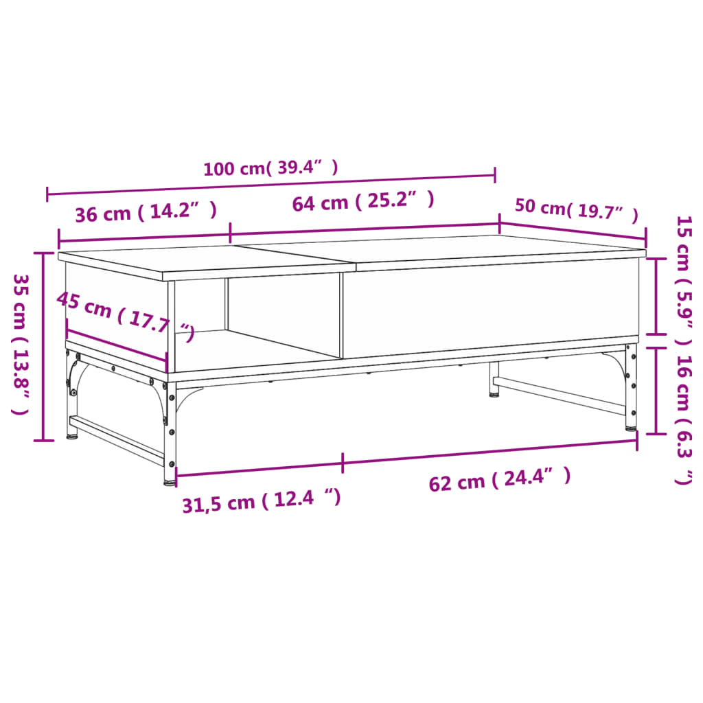 vidaXL Mesa de centro madera ingeniería metal roble Sonoma 100x50x35cm