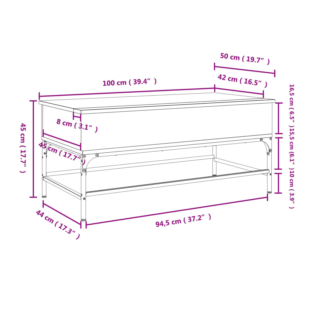 vidaXL Mesa de centro madera ingeniería metal roble Sonoma 100x50x45cm