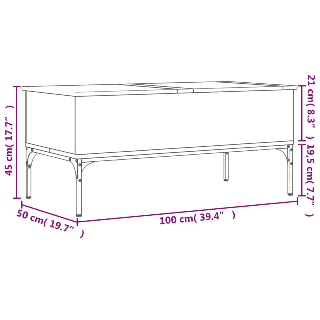 vidaXL Mesa de centro madera ingeniería metal roble marrón 100x50x45cm