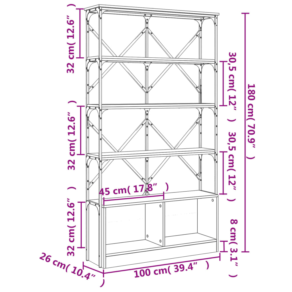 vidaXL Estantería madera ingeniería y metal roble Sonoma 100x26x180 cm