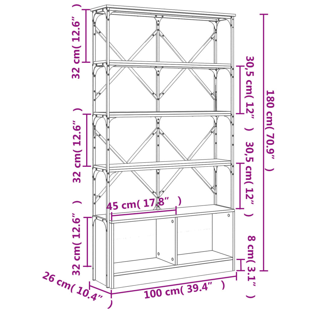 vidaXL Estantería madera ingeniería y metal gris Sonoma 100x26x180 cm