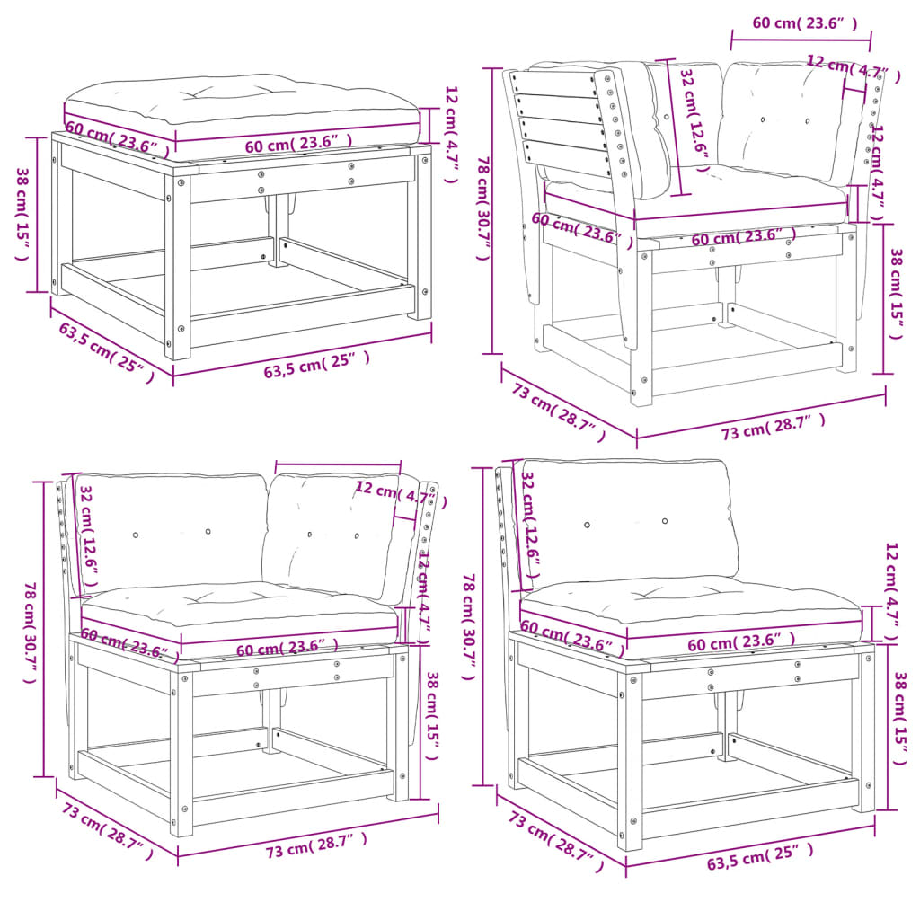 vidaXL Set muebles jardín 5 pzas con cojines madera maciza pino blanco