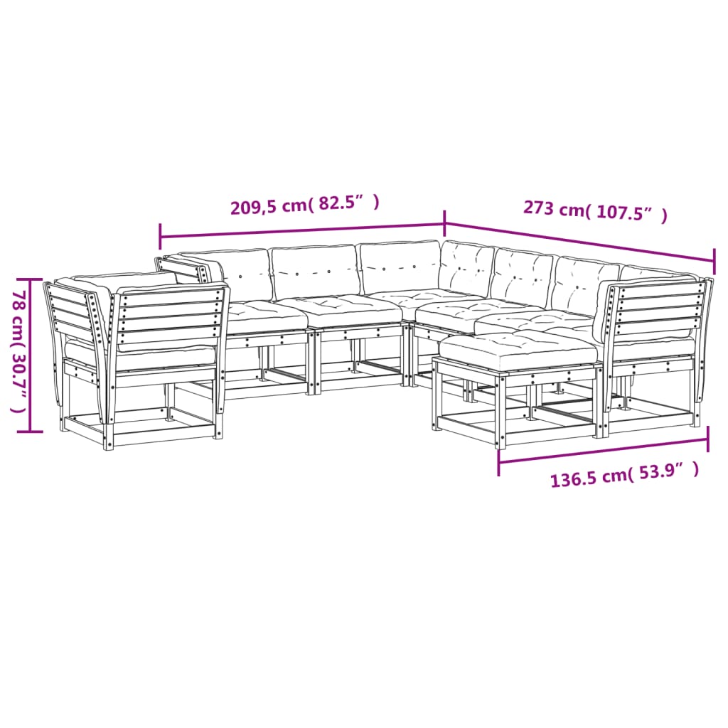 vidaXL Set muebles jardín con cojines 8 pzas madera maciza pino blanco