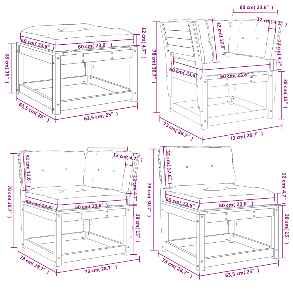 vidaXL Set muebles jardín con cojines 8 pzas madera maciza pino blanco