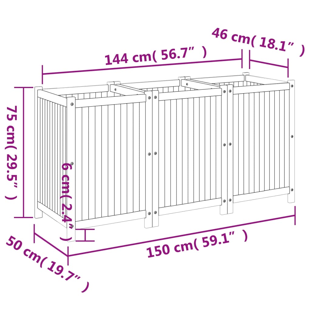 vidaXL Jardinera con forro madera maciza de acacia 150x50x75 cm