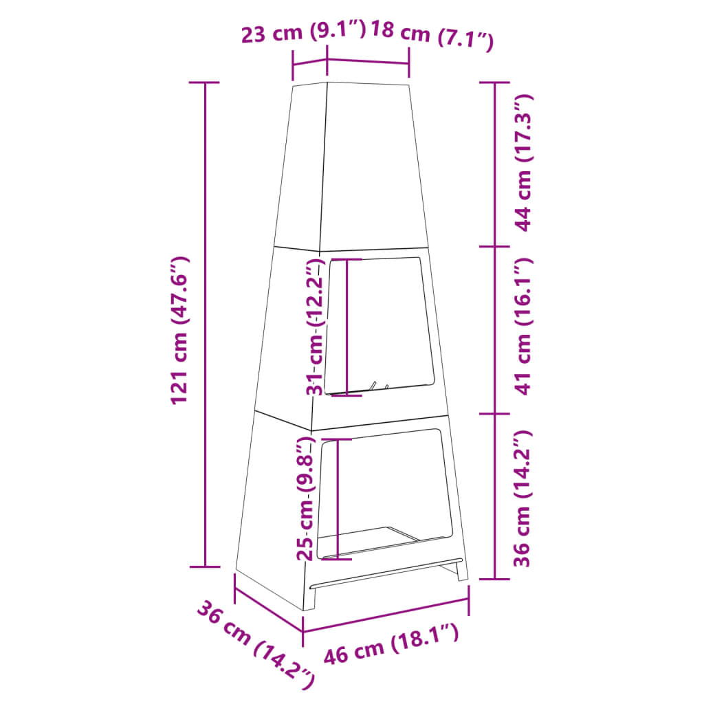 vidaXL Chimenea de exterior con leñero y diseño de torre acero negro