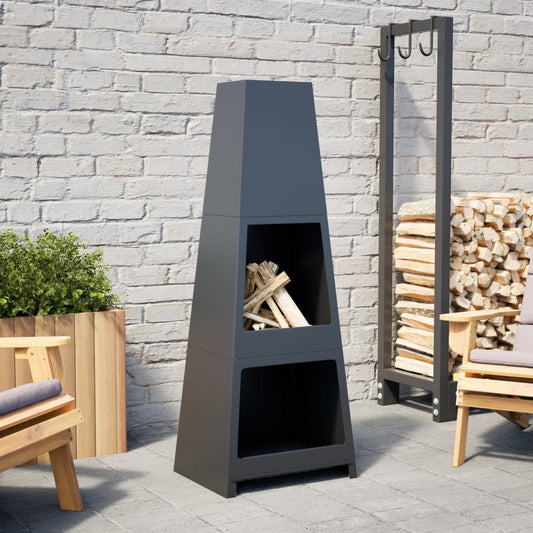 vidaXL Chimenea de exterior con leñero y diseño de torre acero negro